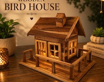 Handgemaakt teakhouten vogelhuisje – Rustiek houten huis- en tuindecor met touchwood Polish