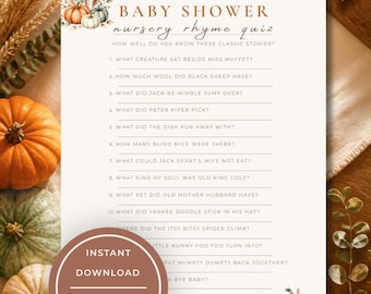 May include: A white paper baby shower nursery rhyme quiz card featuring watercolor pumpkin and foliage illustrations. The text includes the title, instructions, and fifteen numbered questions about classic stories, with a brown circular badge stating INSTANT DOWNLOAD ANSWER KEY INCLUDED.