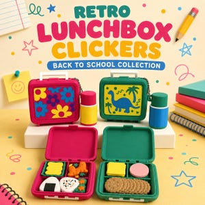 May include: Two miniature lunchbox clickers with attached thermos charms. One is pink with a floral pattern, the other green with a dinosaur design. Both open to reveal small food-shaped erasers. Text reads RETRO LUNCHBOX CLICKERS BACK TO SCHOOL COLLECTION.