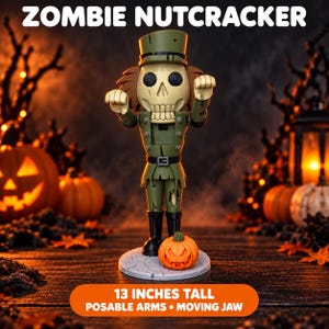 May include: A 13 inches tall zombie nutcracker figure with a skull face, wearing a tattered olive green uniform and a matching hat. The figure features posable arms and a moving jaw, standing on a circular base next to a small orange jack-o'-lantern.