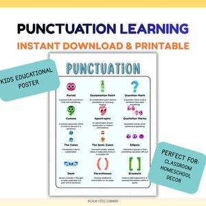 May include: A colorful educational poster titled "PUNCTUATION" with illustrations of punctuation marks. The poster includes the text "INSTANT DOWNLOAD & PRINTABLE" and "KIDS EDUCATIONAL POSTER". The poster is designed for classroom or homeschool decor.