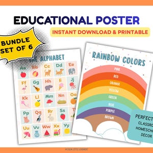 Op de afbeelding: Educatieve posterbundel van 6 stuks, met een alfabetkaart met illustraties en een regenboogkleurenkaart. De posters zijn direct te downloaden en af te drukken. De tekst bevat "Alfabet" en "Regenboogkleuren".