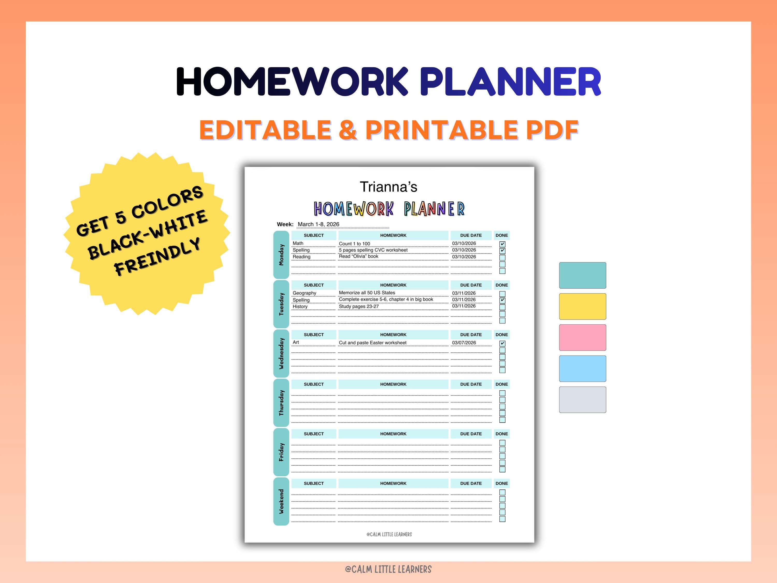 Editable Homework Planner Printable | Weekly Student Planner PDF ...
