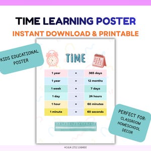 May include: A colorful educational poster titled "Time Learning Poster" with the text "Instant Download & Printable." The poster includes time conversion facts, a clock, and a calendar illustration. The text "Kids Educational Poster" is also present.