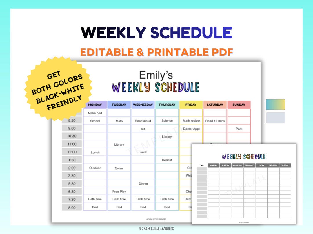 Editable Weekly Schedule Template | Landscape Planner Printable ...
