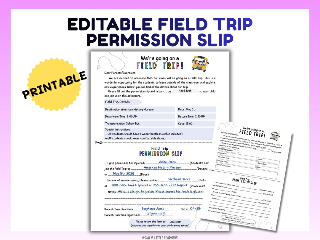Field Trip Permission Slip Printable, Editable School Trip Form ...