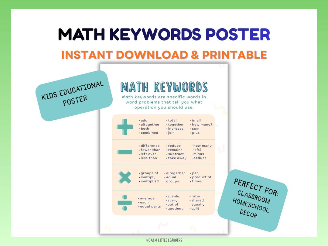 Extra Large Math Key Words Poster Math Keywords Poster Printable, Addition Subtraction Multiplication ...