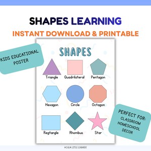 Peut inclure: Une affiche éducative imprimable pour enfants présentant différentes formes, notamment un triangle, un carré, un pentagone, un hexagone, un cercle, un octogone, un rectangle, un losange et une étoile. L'affiche est intitulée "Shapes Learning".