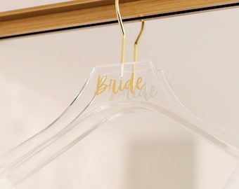 Personalized Wedding Dress Hanger for Bride Custom Acrylic Bridesmaid Hanger Bridal Suite Decor Gold Swivel Hook for Wedding Dress Bridal