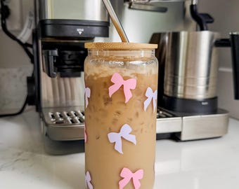 Custom Tumbler with Pink and Purple Bows Coquette Glass Cup for Bridesmaid Proposal Gift Bachelorette Party Favor Bridal Shower Cup
