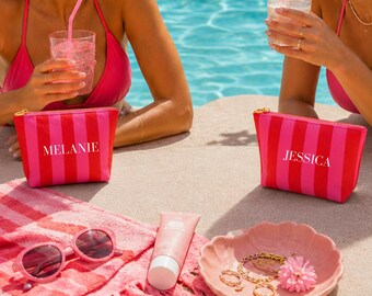 Personalized Preppy Bachelorette Bag for Bridesmaid Waterproof Pouch for Woman Cosmetic Bag Bachelorette Party Travel Makeup Bag Beach Day