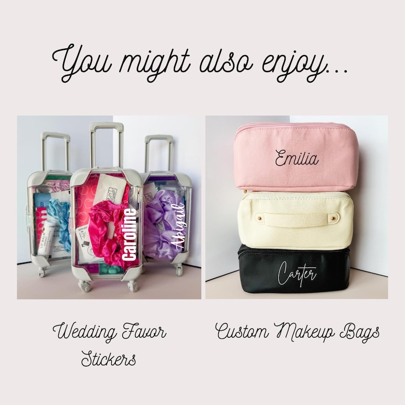 May include: Three miniature clear rolling suitcases with retractable handles, two labeled with the names Caroline and Abigail, alongside a stack of three rectangular zippered pouches in pink, cream, and black, labeled with the names Emilia and Carter.