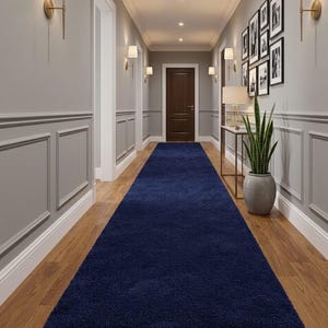 May include: A long, navy blue runner rug in a hallway with light gray walls and hardwood floors. The hallway features wall sconces, framed black and white photos, and a potted plant. A dark brown door is at the end of the hallway.