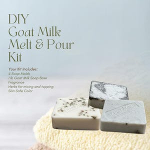 May include: DIY Goat Milk Melt & Pour Kit with four soap molds, 1 lb goat milk soap base, fragrance, herbs, and skin-safe color. Three square soaps are visible, one with herbs.