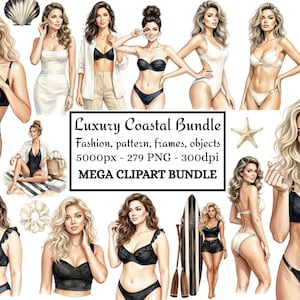May include: Digital art bundle featuring illustrations of women in swimwear and beach attire. The images include various bikini styles, swimsuits, and beach accessories. The text "Luxury Coastal Bundle" is displayed, along with details about the file size and type.