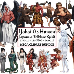 Könnte beinhalten: Ein digitales Clipart-Paket mit verschiedenen japanischen Folklore-Geistern in menschlicher Gestalt. Die Sammlung enthält Figuren mit Flügeln, Schwänzen und traditioneller Kleidung sowie den Text Yokai As Humen Japanese Folklore Spirit.