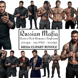 May include: A digital clipart bundle featuring multiple illustrations of muscular men with tattoos in various outfits, including suits, robes, and casual wear. The text reads Russian Mafia Bratva Dark Romance Boyfriend 3750px - 186 PNG - 300dpi MEGA CLIPART BUNDLE.