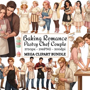 Könnte beinhalten: Eine digitale Sammlung von Illustrationen mit verschiedenen Konditoren und Paaren in Backkleidung, darunter Schürzen, Kochmützen und Küchenutensilien. Der Text lautet Baking Romance Pastry Chef Couple 3750px - 198PNG - 300dpi MEGA CLIPART BUNDLE.