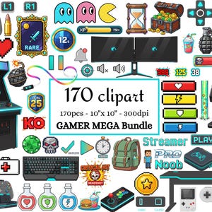 Gamer Clipart Mega Bundle – 170 Gaming Icons, Streaming Graphics & UI Elements ( Digital Download )