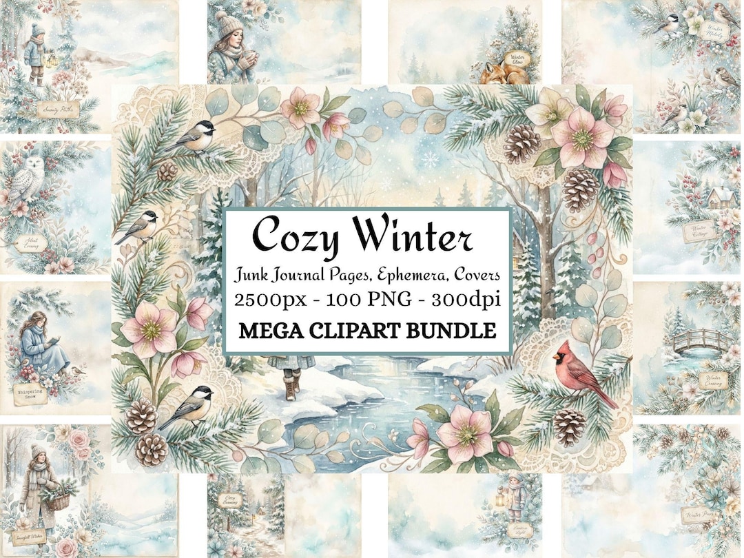 Cozy Winter Junk Journal Kit | Watercolor Printable Pages, Ephemera ...
