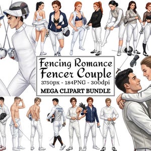 May include: A digital clipart bundle titled Fencing Romance Fencer Couple 3750px - 184PNG - 300dpi MEGA CLIPART BUNDLE, featuring various illustrations of fencers in white uniforms, masks, and gear, including romantic poses and individual athletes.
