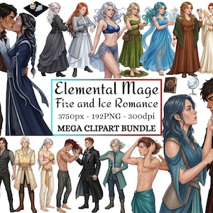 May include: A digital collection of fantasy character illustrations titled Elemental Mage Fire and Ice Romance Mega Clipart Bundle 3750px 192PNG 300dpi. The set features various figures in diverse outfits, including robes, tunics, and gowns, displaying elemental magic like fire and ice effects.