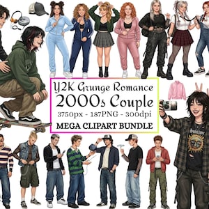 Könnte beinhalten: Ein digitales Clipart-Paket mit verschiedenen illustrierten Charakteren in Mode der 2000er Jahre, darunter Kapuzenpullover, Cargohosen, Jeans und Grafik-T-Shirts. Der zentrale Text lautet Y2K Grunge Romance 2000s Couple 3750px - 187PNG - 300dpi MEGA CLIPART BUNDLE.