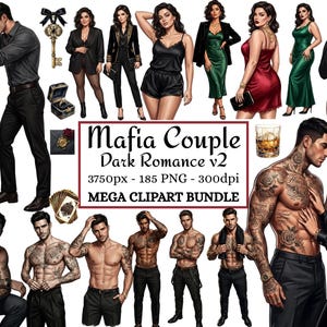 May include: A digital clipart bundle titled Mafia Couple Dark Romance v2 featuring various illustrations of couples, shirtless tattooed men, women in formal dresses, lingerie, a gold key, a ring box, a wax-sealed envelope, and a glass of whiskey.