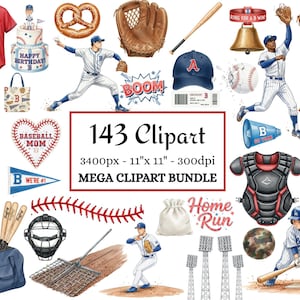 Könnte beinhalten: Eine Sammlung von Baseball-Clipart-Illustrationen. Enthält ein rotes Trikot mit der Nummer 7, einen Baseballkuchen, einen Baseballhandschuh, einen Baseballschläger, eine Baseballkappe, einen Baseball, eine Baseballuniform und ein Baseball-Mama-Herz. Der Text "143 Clipart" wird angezeigt.