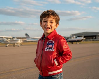 Kids Red Real Leather Avirex inspired Jacket | Boys Aviator Bomber Jacket | USA Patch Pilot Jacket | Best Birthday gift for Son and Daughter