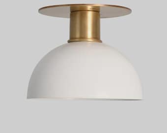 1950s Mid-Century Modern Brass Chandelier | Mid-Century White Dome Shade - Semi Flush Mount Ceiling Light | Stilnovo Ceiling Fixture