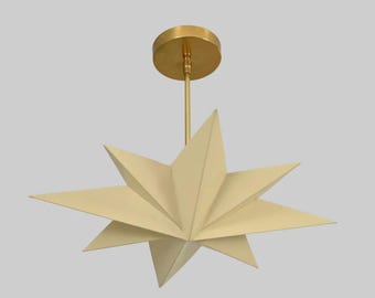 1950s Mid-Century Modern Brass Chandelier | Mid-Century Cream Star Shade - Pendant Light Brass Chandelier | Stilnovo Ceiling Fixture