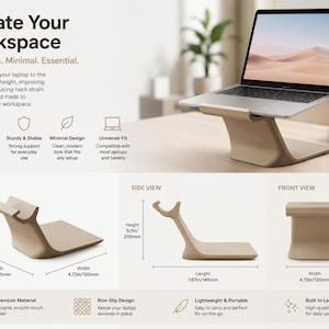 May include: A beige laptop stand with a curved, ergonomic design. The stand features a flat base and a raised support ledge. Text on the image includes Elevate Your Workspace, Ergonomic, Minimal, Essential, and dimensions of 200mm by 145mm by 120mm.