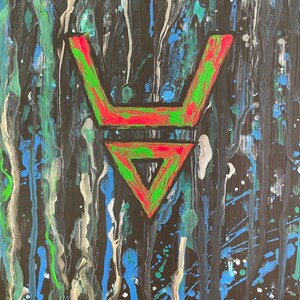 May include: Abstract painting on a black background with a central geometric design. The design is a combination of red and green, with a dripping paint effect in shades of blue, green, and white.