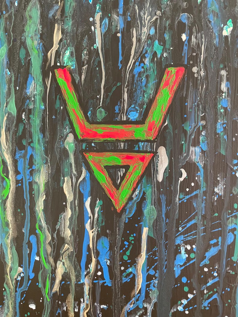 May include: Abstract painting on a black background with a central geometric design. The design is a combination of red and green, with a dripping paint effect in shades of blue, green, and white.