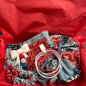 May include: A collection of accessories featuring red, white, and blue bandana and gingham patterns. Included are a white silicone bow keychain with red, white, and blue beads, a fabric scrunchie, and three thin, circular bangles in red, white, and blue.