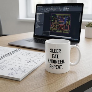 May include: A white ceramic mug with the text "SLEEP. EAT. ENGINEER. REPEAT." sits on a wooden desk next to a laptop displaying circuit board design software and a spiral notebook filled with equations.