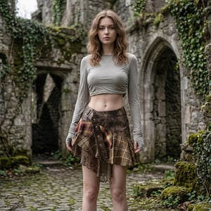 Op de afbeelding: Een lichtgrijs crop top met lange mouwen gecombineerd met een bruine, asymmetrische rok. De rok heeft een ruitpatroon, leren details en een gesp. De achtergrond toont een oude stenen structuur met bogen en groen.