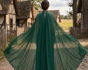 Capa medieval de gasa verde esmeralda para mujer | Capa fluida de fantasía con cuello alto | Disfraz de reina elfa para LARP | Capa renacentista