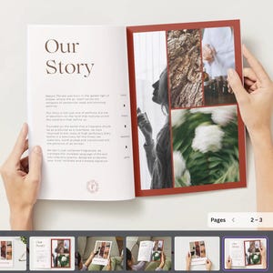 Peut inclure: Un livre ouvert avec le titre "Our Story" sur la page de gauche et un collage d'images sur la page de droite. La page de droite a une bordure rouge et présente des images d'une femme, d'écorce d'arbre et de fleurs. Le livre est tenu ouvert par deux mains.