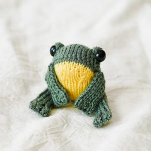 Könnte beinhalten: Ein handgefertigtes Froschspielzeug aus Strick. Der Frosch ist hauptsächlich grün mit einem gelben Bauch und schwarzen Augen. Er sitzt auf einer weißen Oberfläche.
