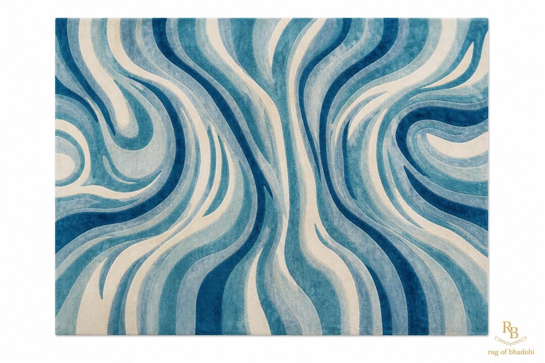 Abstract Blue Rug Pattern Hand Tufted Wool Rug Blue Abstract Modern Area Rug, Geometric Designer ...