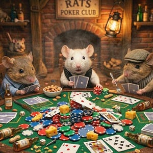 Puede incluir: Cinco ratones antropomórficos sentados alrededor de una mesa de póquer verde en una habitación de ladrillo con un letrero que dice RATS POKER CLUB. Los ratones llevan chalecos y sombreros, sostienen cartas y están rodeados de fichas, queso y botellas.