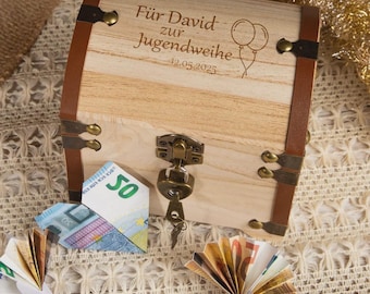 Schatztruhe Jugendweihe personalisiert – Geldgeschenk Holz Box mit Name & Datum Gravur – Erinnerungskiste mit Schloss Geschenk Jugendweihe