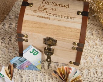 Cofanetto regalo personalizzato per la Prima Comunione con incisione di nome e data – Scatola regalo in legno per denaro, scatola ricordo per la Prima Comunione