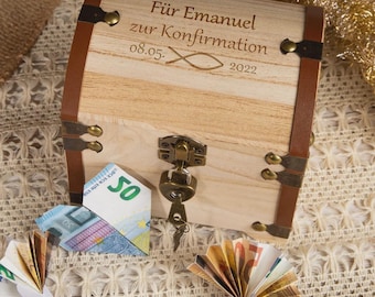 Schatztruhe Konfirmation personalisiert mit Gravur Name & Datum – Holz Geldgeschenk Erinnerungskiste Geschenk Jugendliche