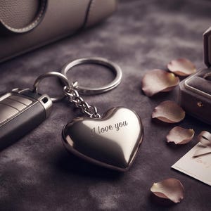 Peut inclure: Un porte-clés en forme de cœur argenté avec le texte gravé I love you, attaché à un anneau métallique circulaire et à une clé de voiture noire et argentée. Le porte-clés est placé près de pétales de rose éparpillés et d'une petite boîte.