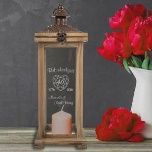 Linterna personalizada para el 40.º aniversario de bodas de rubí: portavelas de madera y metal con nombres y fecha grabados. Regalo para el 40.º aniversario de bodas.