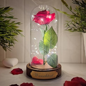 Può includere: Una rosa rossa all'interno di una cupola di vetro trasparente su una base circolare in legno. La rosa è illuminata da sottili fili di luci argentate avvolti attorno al gambo e alle foglie. Una targhetta dorata reca il testo "Wunschtext".