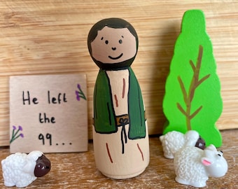 Parábola de la oveja perdida, juego de madera del Buen Pastor, recurso para el aula católica, de inspiración Montessori.